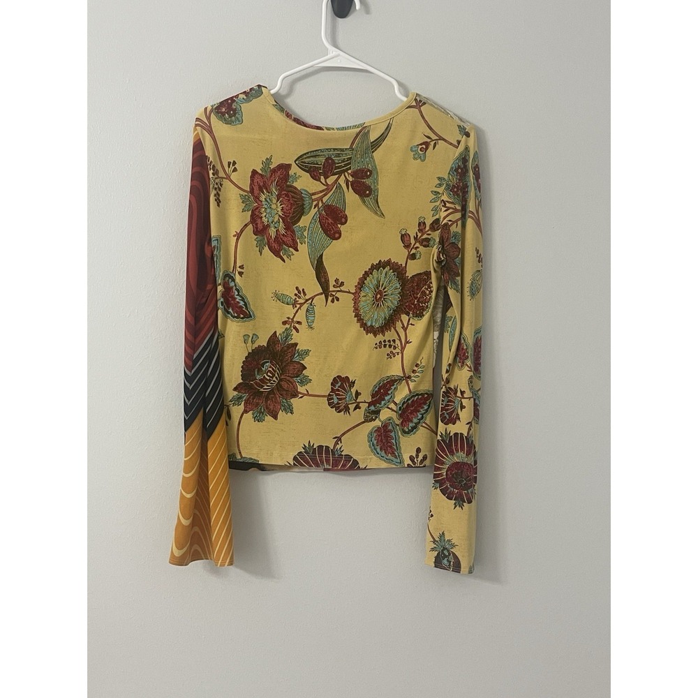 Thalia Sodi Size M Y2K  Top Stretch Bell Sleeve Art To Wear Floral Psychedelic - Picture 2 of 8